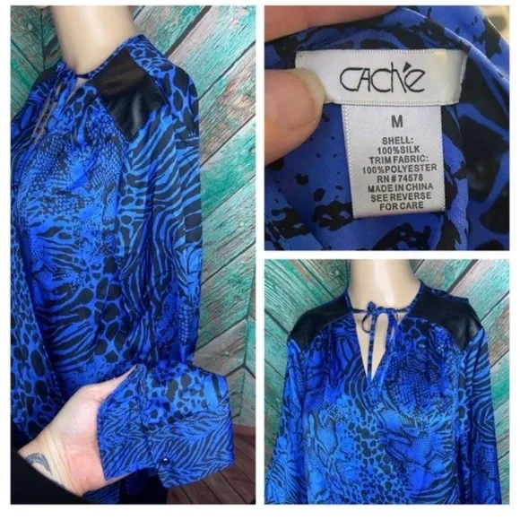 Vintage Cache Silk Wrap Blue & Black Print Faux Leather - Picture 3 of 4